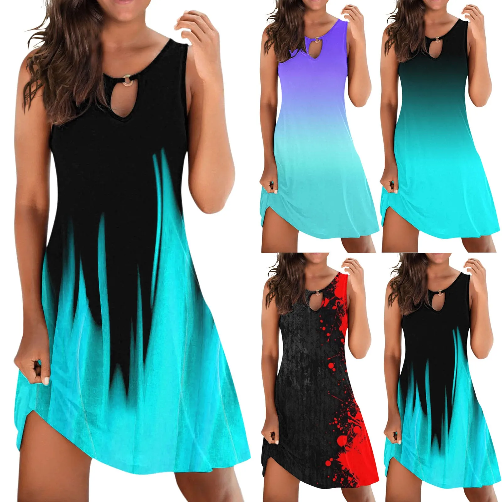 Trend Gradient Sommerkleider für Frauen sexy aushöhlen o Hals Boho Strand Sommerkleid ärmellose lässige lose Tank Kleid Vestidos