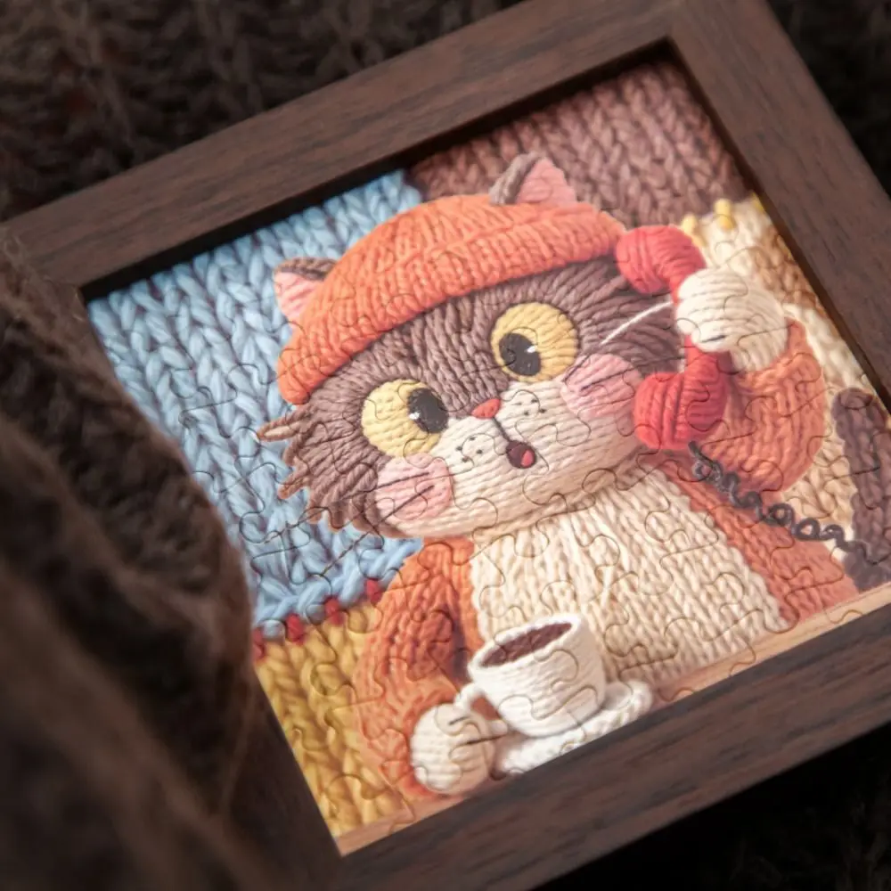 

Cute 5 Inch Warm Yarn Puzzle Gift Box 64 Pieces Cat Jigsaw Puzzle with Frame Cartoon Puzzle Ornaments for Beginner