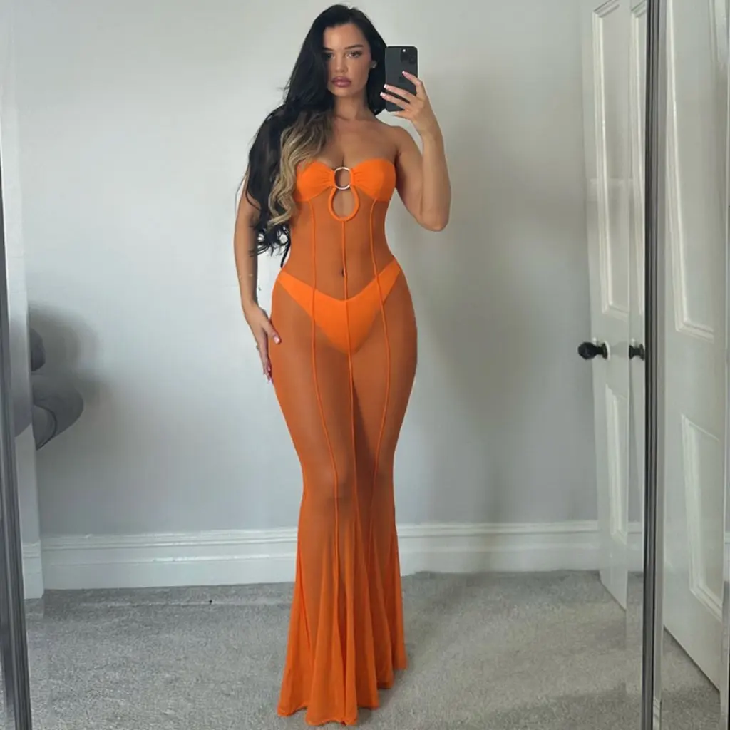 Vestido ajustado de malla transparente Sexy para mujer, estilo americano y europeo a la moda, Otoño Invierno, cuello de una línea recortado