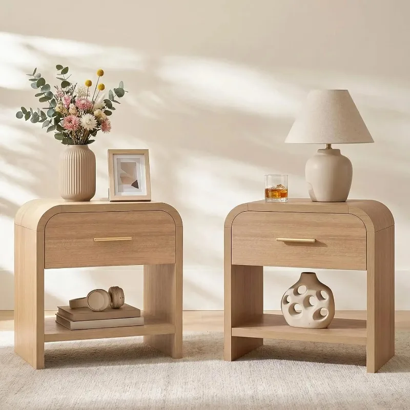 

Night Stand Set of 2 [Unique Curved Profile] [FSC-Certified Wooden Board] 1-Drawer and 1 Storage Shelf Nightstand