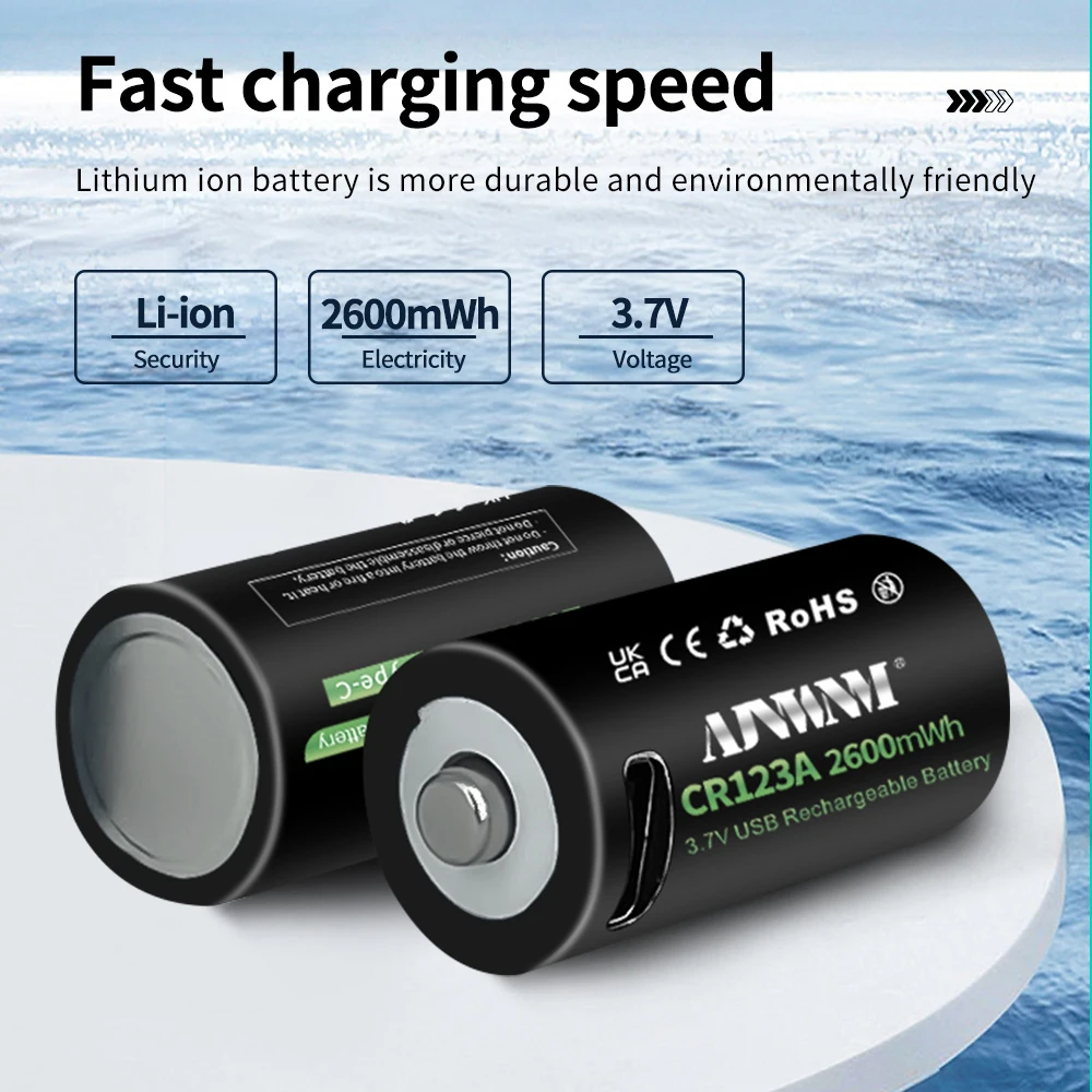 AJNWNM CR123A Battery 2600mWh 3.7V Rechargeable Li-ion 16340 Batteries For LED Flashlight 16350 RCR123 Battery+USB Type-c Cable