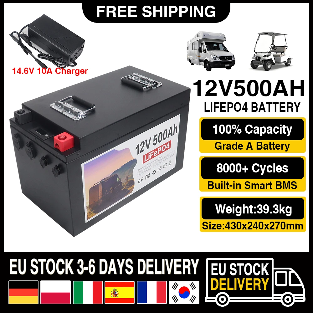 12V 500Ah LiFePO4 Battery Built-in BMS Lithium Iron Phosphate Cell 10000 Cycles For RV Campers Golf Cart Solar Storage + Charger