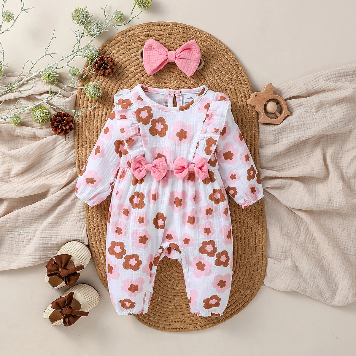 2024 New Style Baby Girls Spring/ Autumn Long Sleeve Print Flower With Bow O-18M Honey Dressy Jumpsuit +Headband