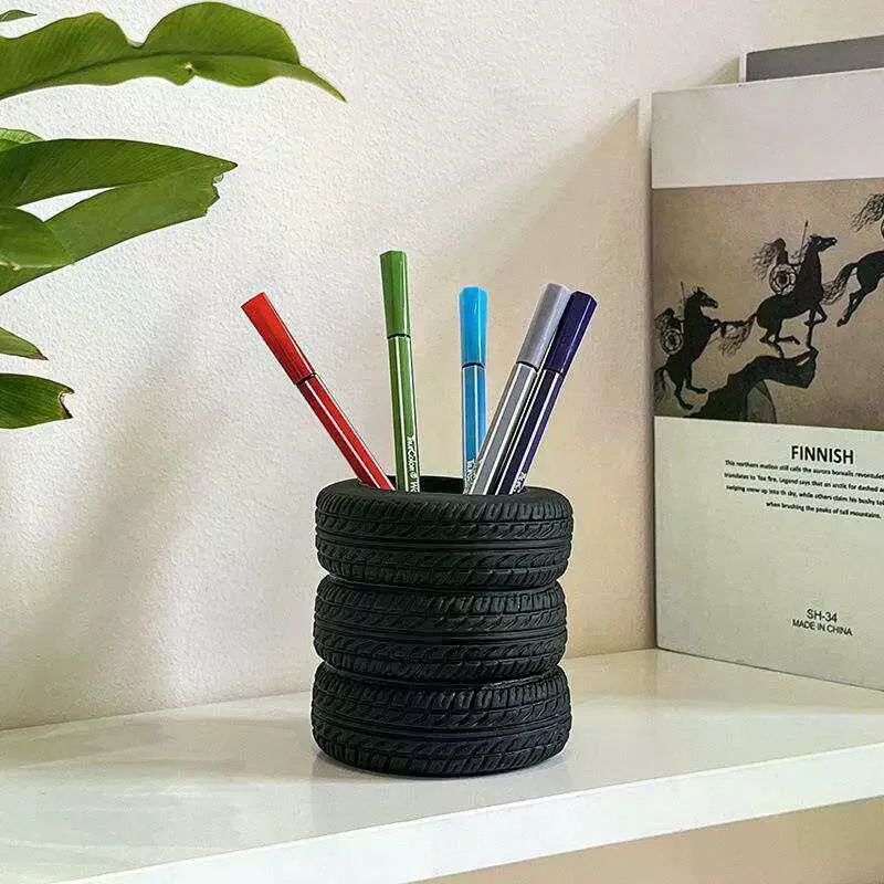 1pcs Fun Tire-Shaped Pen Holder -PVC Desk Organizer, Ideal For School And Office Supplies, Painted Finish, Office Supplies