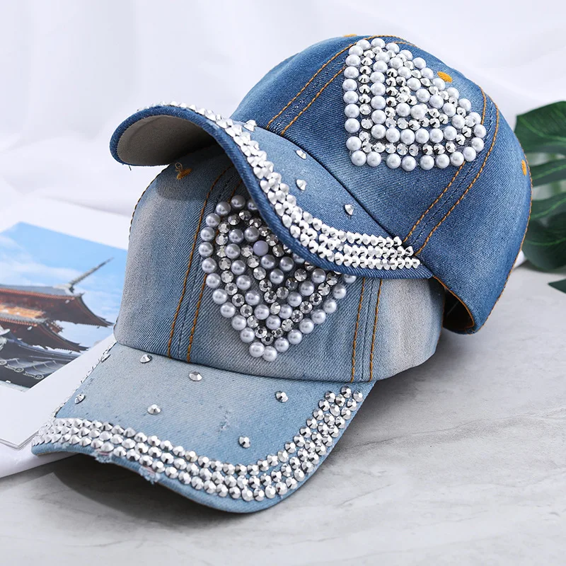 

Baseball Caps 2022 Fashion High Quality Hat for Women Heart Pattern Snapback Bone Cap Rhinestone Denim Cap Hat