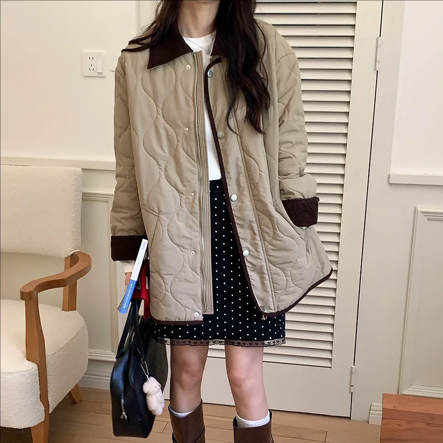 

Women's Casual Cotton Coat Winter 2025 New Lapel Loose Warm Contrasting Design Fashionable Outerwear