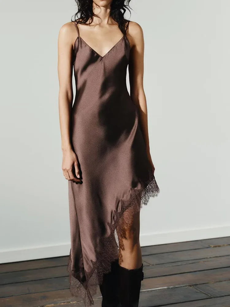 

Faionable Silk Satin Dr with Lace Details Mid-Waist Midi Dr Svel Ele Autumn New Arrival Women's Faion