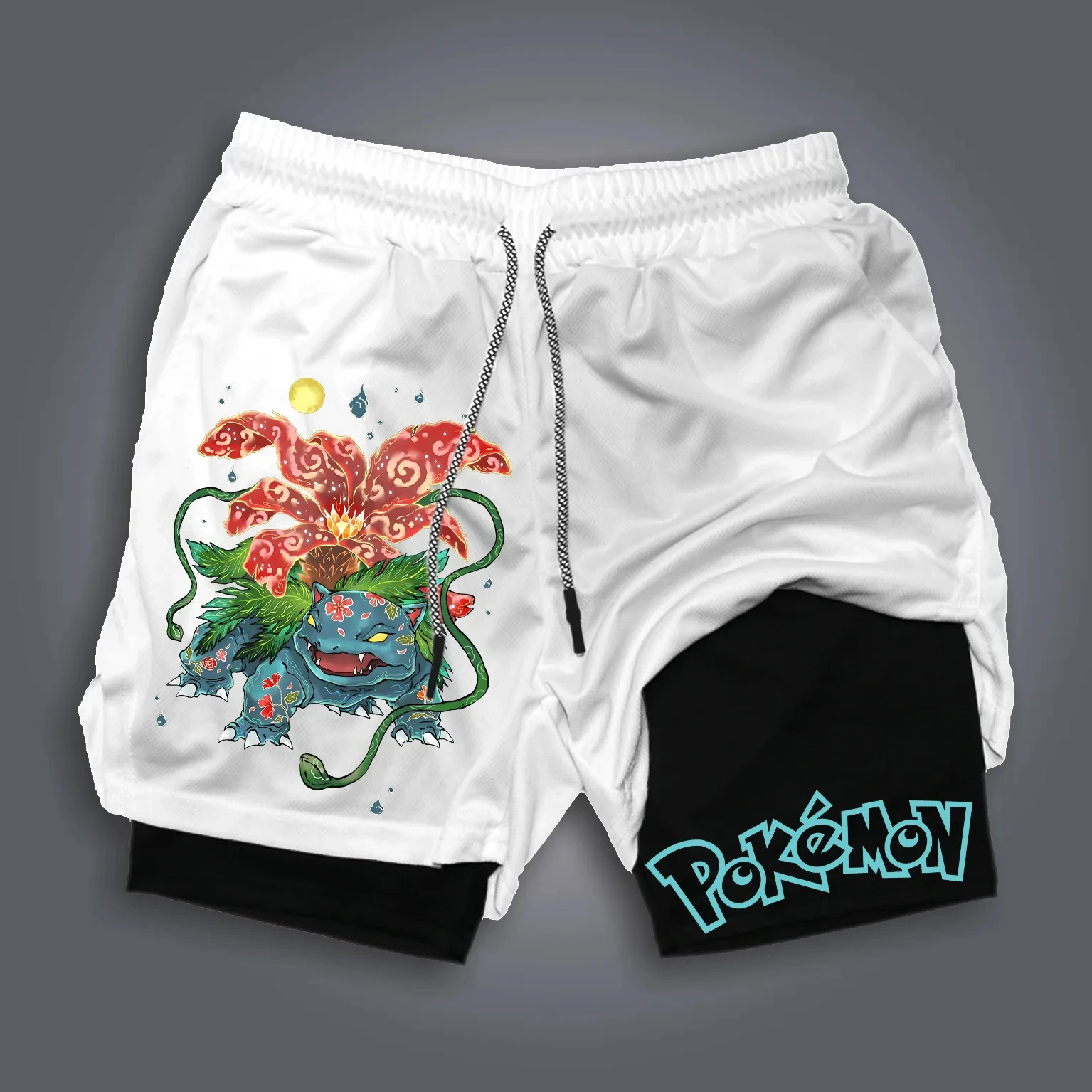 pokemon-venusaur-pikachu-anime-shorts-2025-verao-masculino-branco-casual-esportes-shorts-com-cordao-com-pokemon-venusaur-impressao-preto