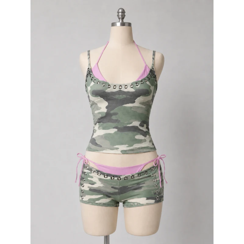 Camouflage metal decorative camisole paired with pink neck strap and inner strap shorts two-piece set Y2K spicy girl set three