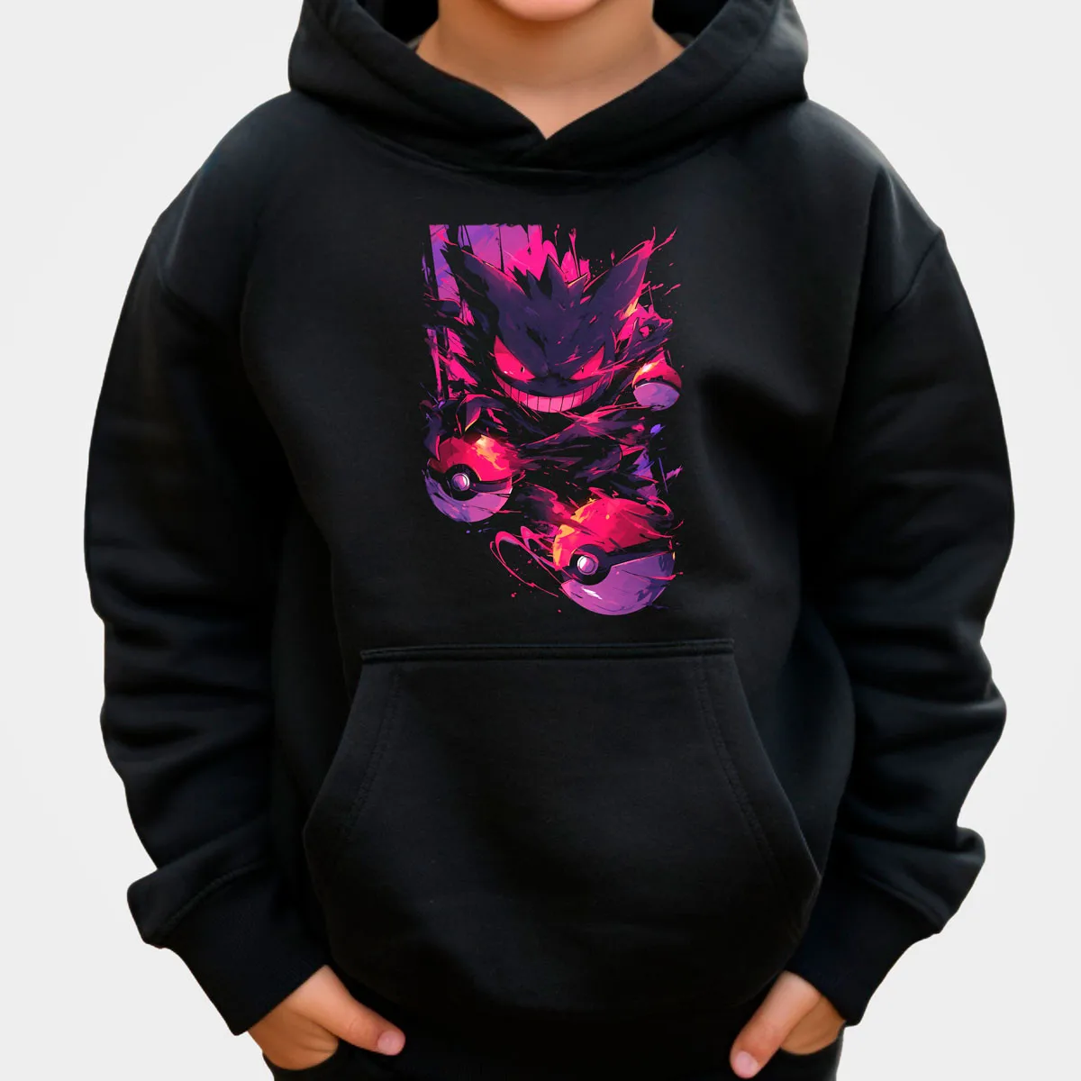 

Хлопковая флисовая толстовка унисекс Pokemon Gengar черного цвета с фиолетовым существом и острыми зубами и красным фиолетовым эффектом всплеска свободного покроя