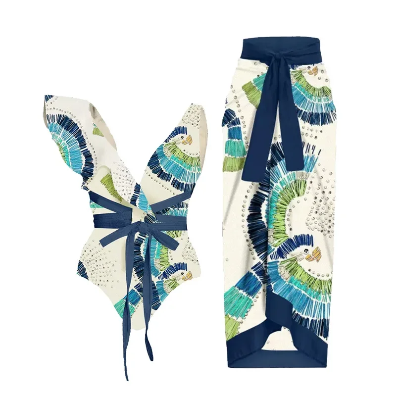 

Новинка 2025 года, 2 шт., купальник в стиле ретро с принтом, женский купальник с эффектом пуш-ап Playa, цельный боди, лоскутный купальный костюм, подушечки, женский комплект