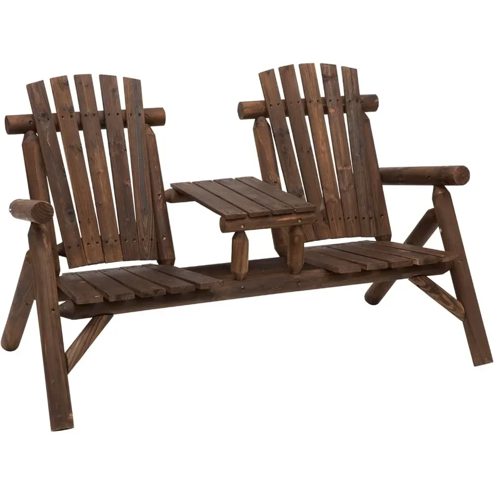 2-Seat Wooden Adirondack Chair, Patio Bench with Table, Outdoor Loveseat Fire Pit Chair for Porch, Backyard, Deck, Carbonized