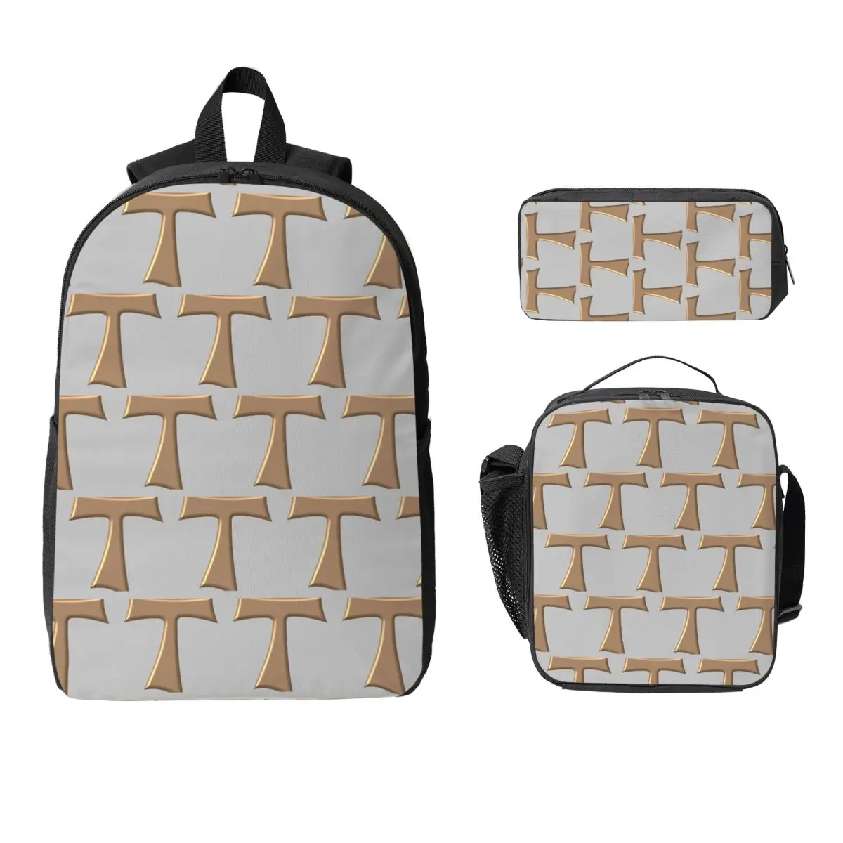 Copper Look Franciscan Tau Cross Backpack Boys Girls BookBag School Bag Laptop Shoulder Bags 3ps Insulated Lunch Bag Pencil Case