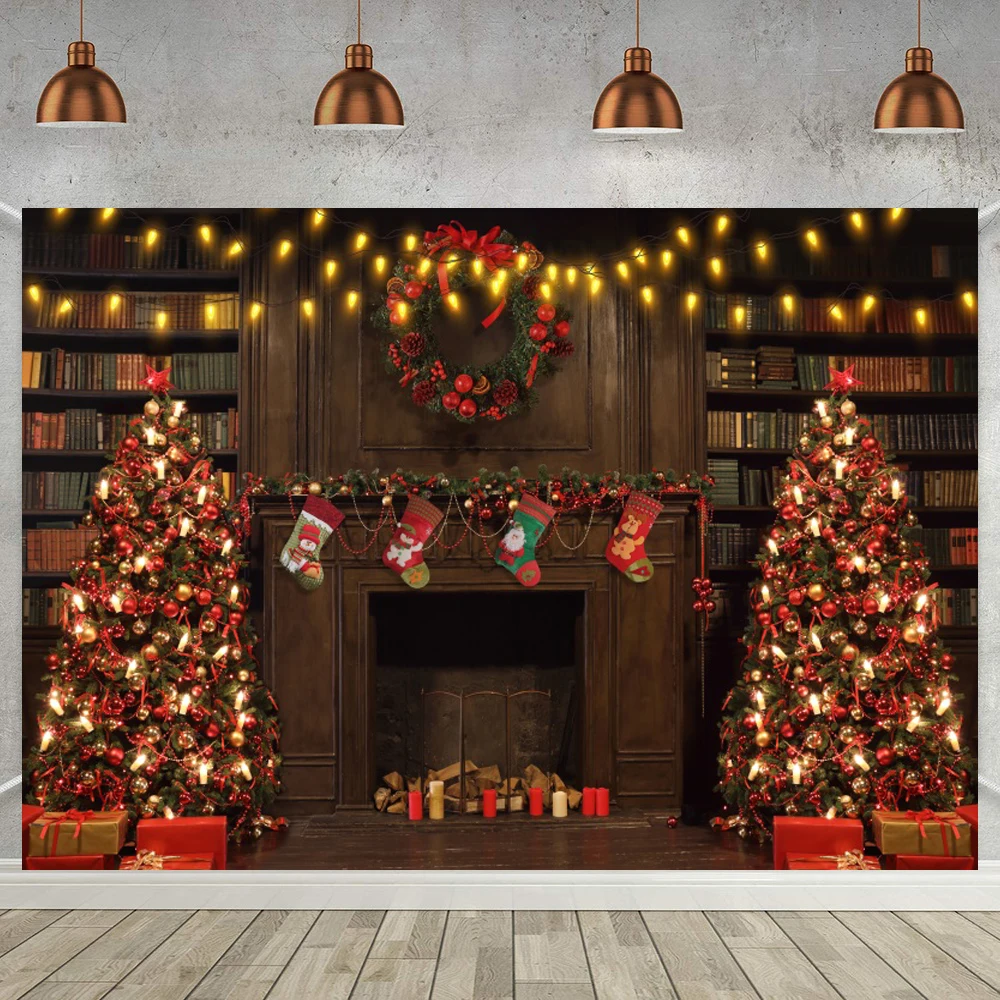 Retro Wooden Bookshelf Fireplace Photography Background Lights Bokeh Newborn Baby Shower Christmas Tree Backdrop Photo Studio