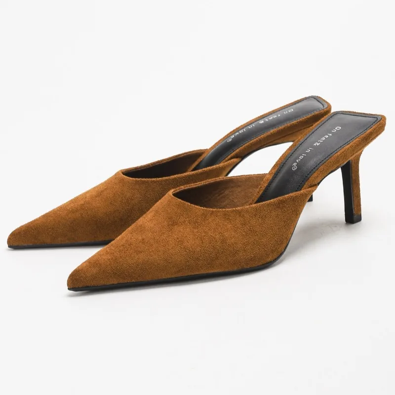 Elegant Suede Mules Women High Heels Slippers 2026 New Comfort Sandals Women Pumps Concise Pointed Toe Slides Heels for Ladies