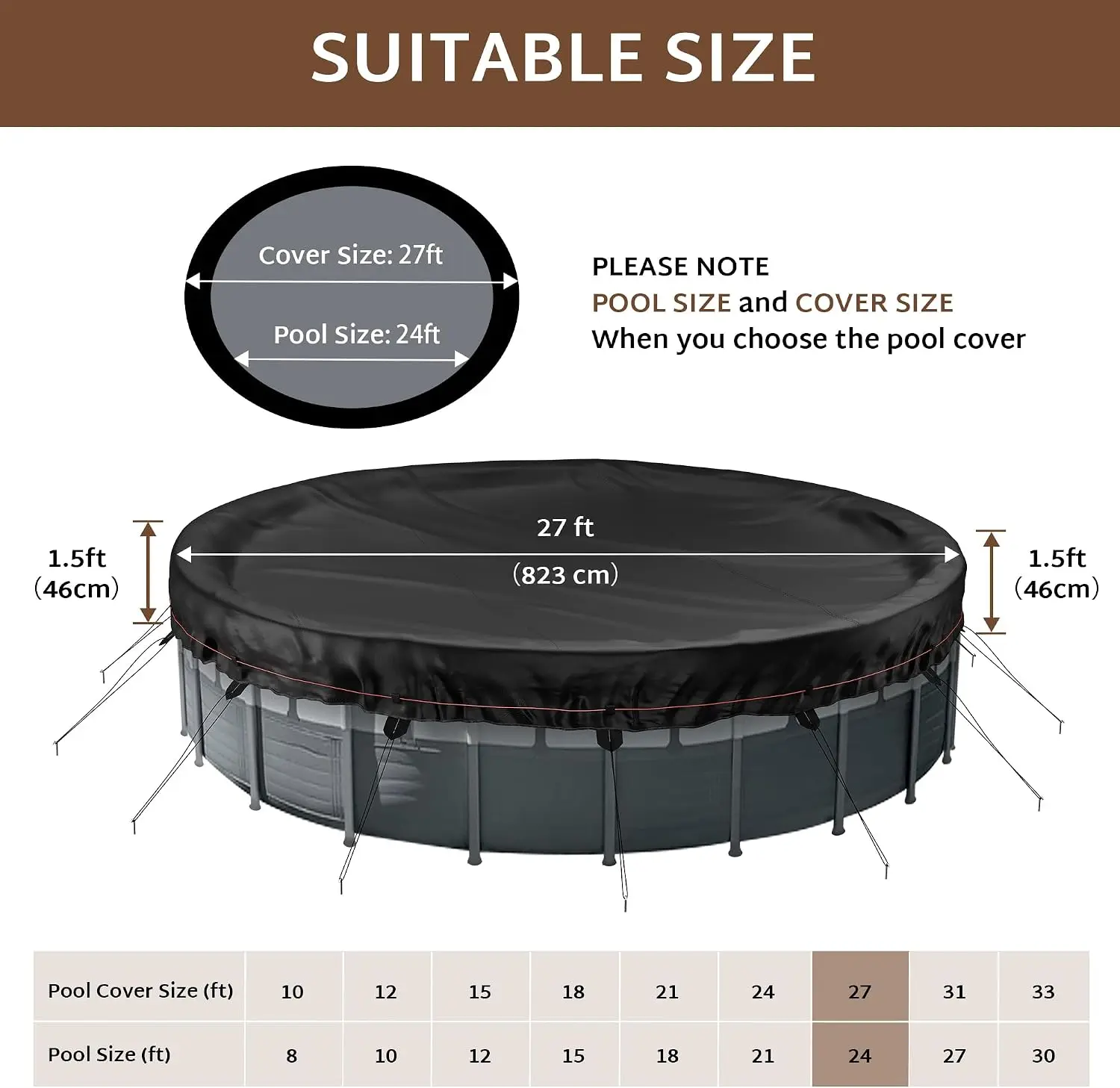Winter Pool Cover Fit 23', 24', 25' Above Ground Round Stock Tank Pools, Fade-Resistant Tear-Resistant Waterproof Weatherproof
