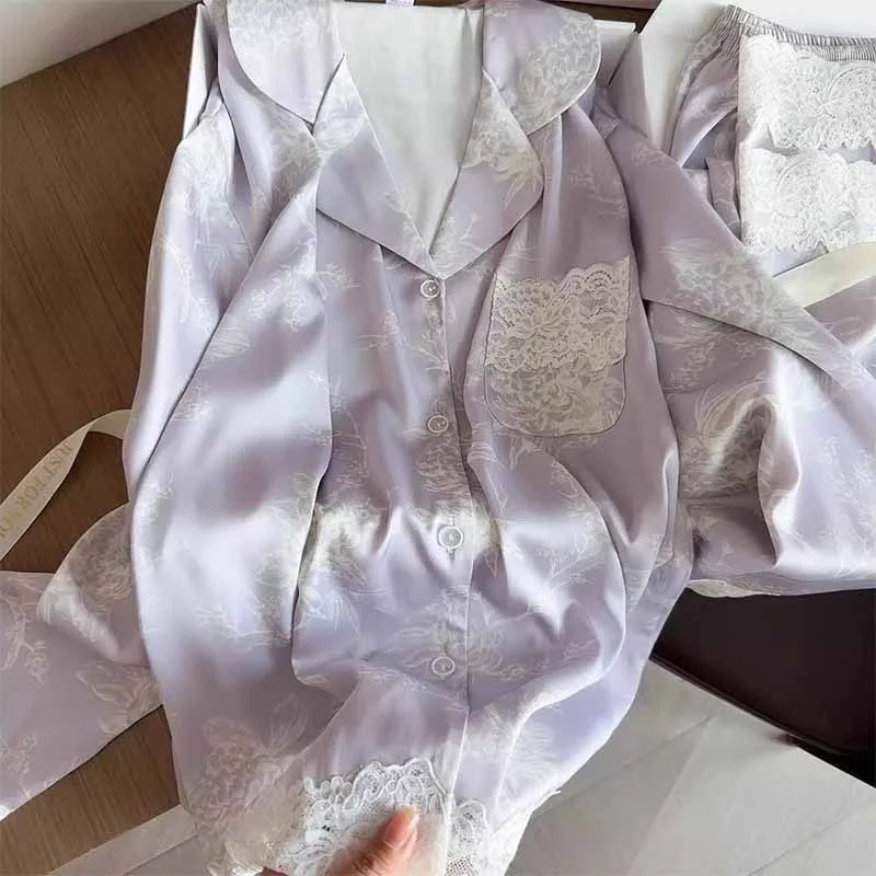 High Quality Women's Pajamas Ice Silk New Pijama Mujer Set Long Sleeve Pants Spring Autumn Fashion lace stitching sleepwear