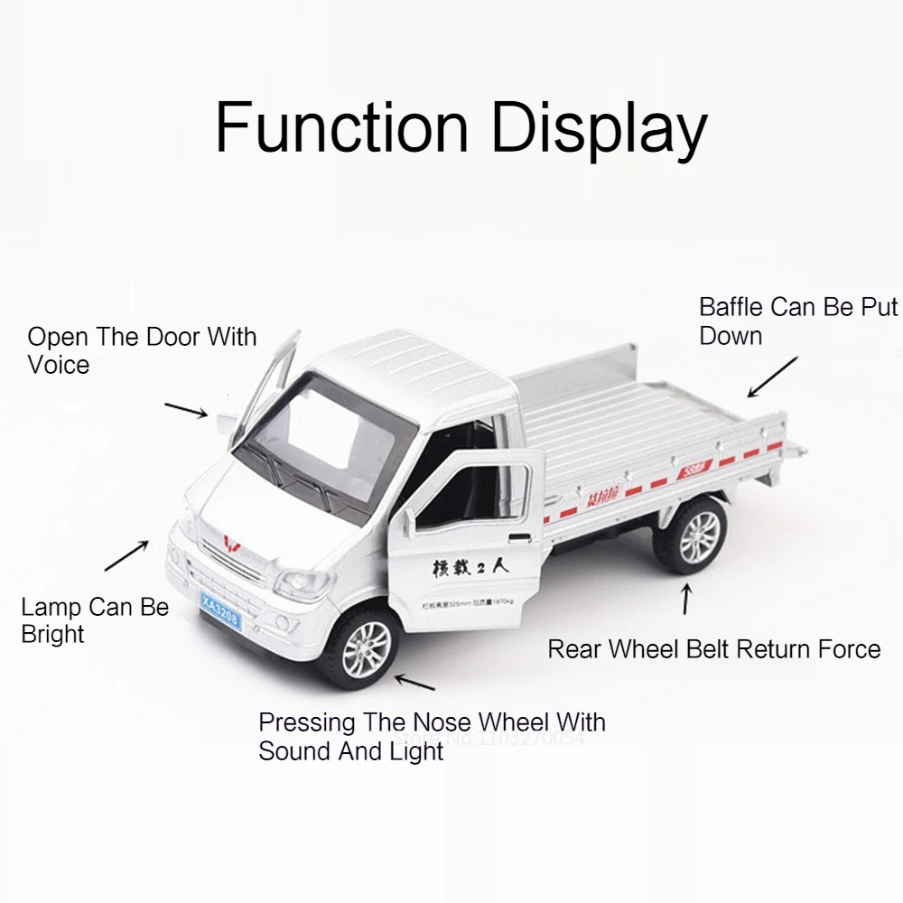 1/32 Wuling 트럭 자동차 모델 장난감, 다이캐스트 합금 도어, 오픈 사운드 라이트, 풀 백 고무 타이어, 어린이를 위한 소형 트럭 장난감 선물