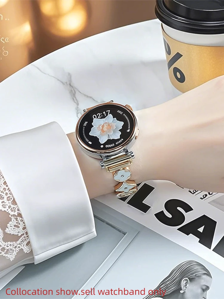 

Stainless steel leather watch Straps Women For huawei watch GT4 GT5 41 correa HUAWEI GT 5 Pro 42MM 18 four-leaf flower watchband