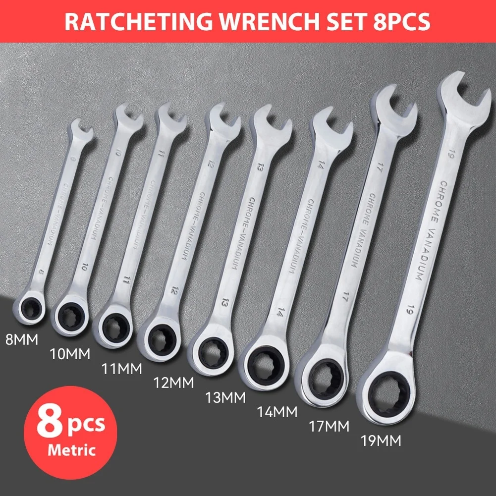 8Pcs Ratchet Wrench Set Fixed Head Dual Direction 72 Teeth Chrome Vanadium Steel For Auto Repair Home Garden Hand Tools Kit