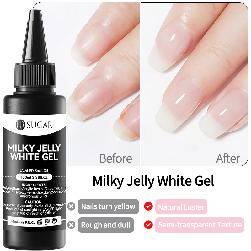 Ur Suiker 100Ml Melkachtige Gelei Wit Roze Kleur Gel Geen Veeg Top Coat Versterking Gel Nail Art Weken Uv Led Lak Manicure