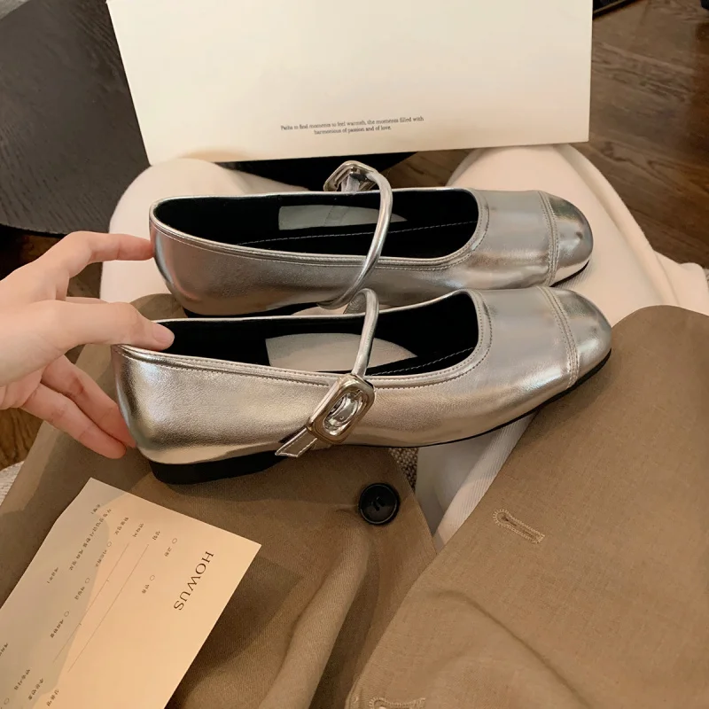 Round-toe, shallow-cut, silver-colored small leather shoes with flat, hidden height-increasing, soft soles, Mary Jane style wome