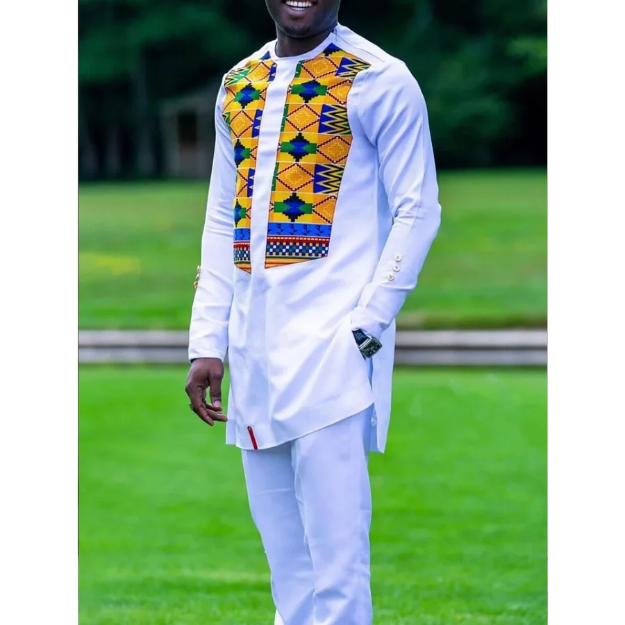 

Two Pieces Set Men African Suit Long Sleeve Round Collar Print Shirt Pants Africa Traditional Wedding Party Outfits Slim Suits