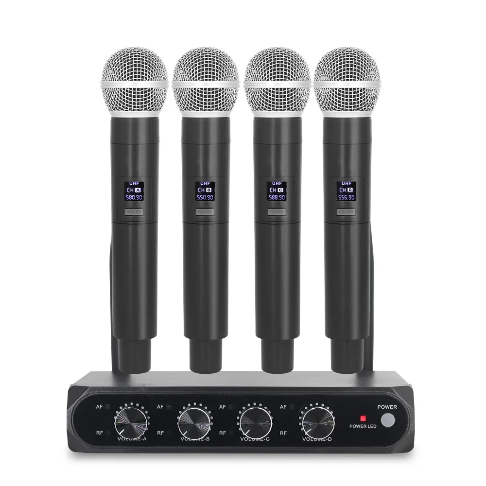 

Professional Wireless Microphone UHF 4 Channel Fixed Frequency Handheld Device for Stage Presentations, Home Parties, Churches