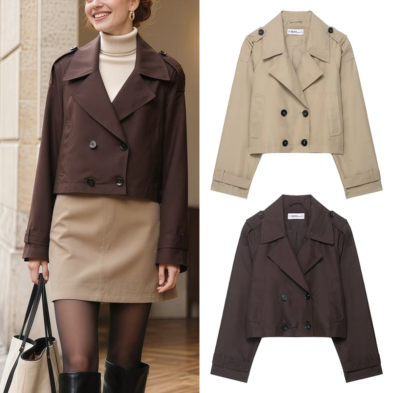 

Womens Fashion Lapel Double Breasted Short Trench Coat Jacket Urban Daily Travel And Autumn Layering Trafizaran