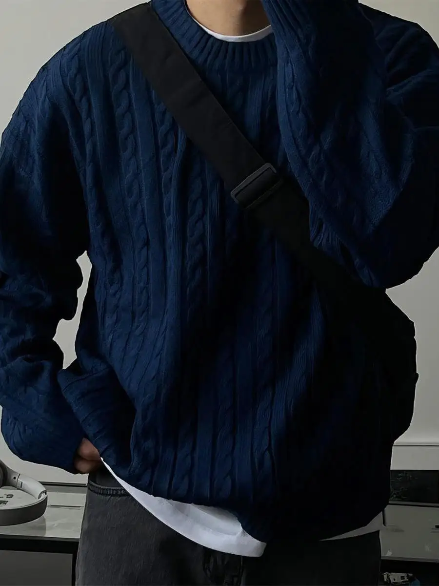 

Высококачественный мужской свитер оверсайз из трикотажа с круглым вырезом, утепленный, повседневный, осенне-зимний, модный, в уличном стиле