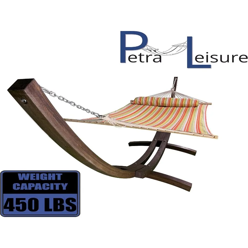 14 Ft. Wooden Arc Hammock Stand + Deluxe Quilted Double Padded Hammock Bed w/Pillow. 2 Person Bed. 450 LB Capacity