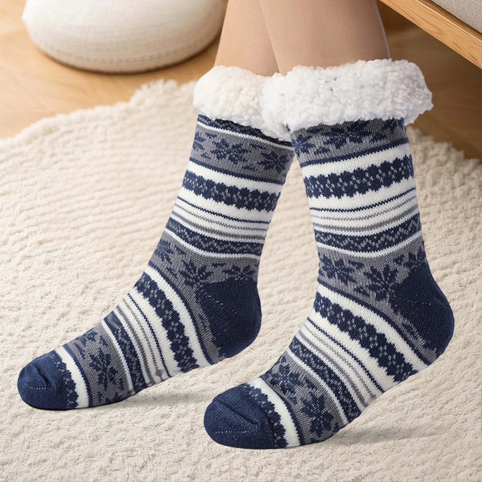 

Mid Calf Socks Warm Floor Socks Winter Fall Christmas Slipper Socks for Women Snowflake Fleece Lined