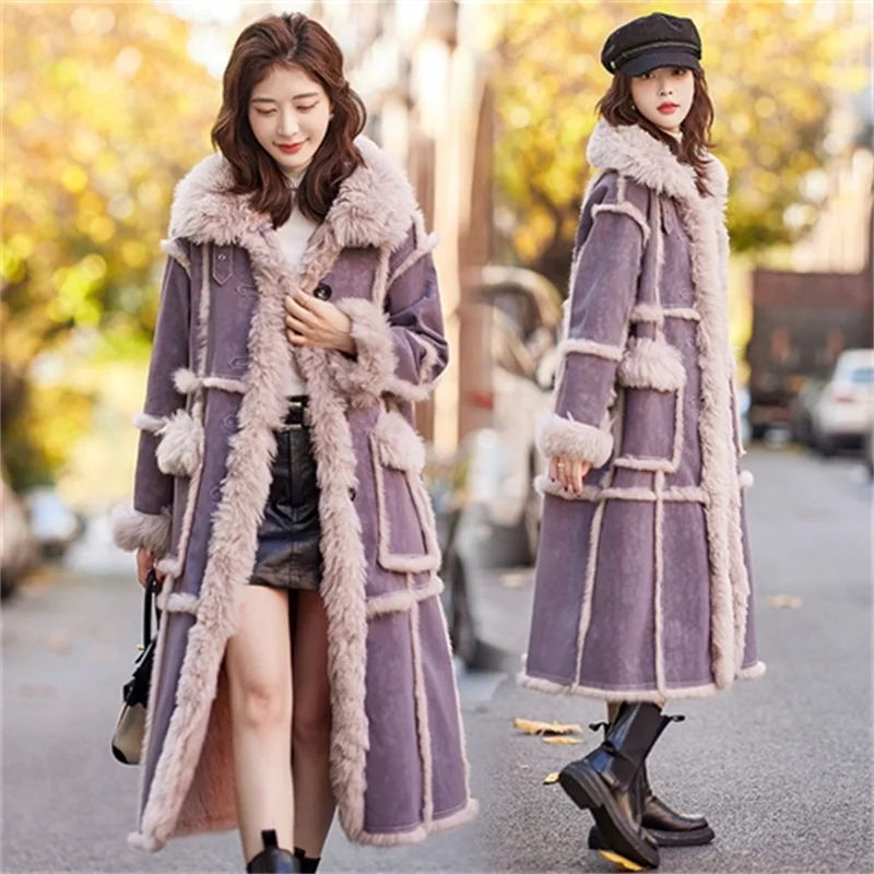 2026 Double-faced Fur Coat Women's Faux Fur Long Overcoat Autumn Winter Spliced Loose Lamb Fur Jackets Lady Streetwear Outerwear