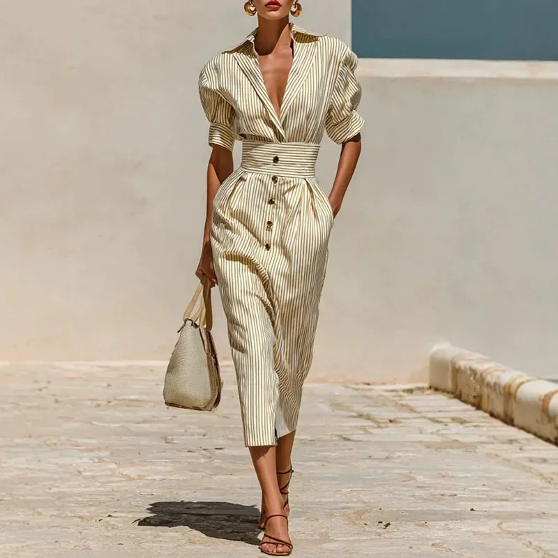 Elegant Striped Collared Midi Dress Women Short Puff Sleeve Wide Waist Dress Cinch Button Front Slim Summer Formal Party Dresses