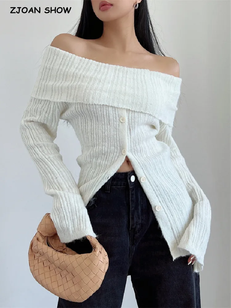 Sexy Women Off Shoulder Knit Slash Collar Sweater Open Buttons Front Slit Slim Knitwear Full Sleeve Jumper Knitwear Tops White