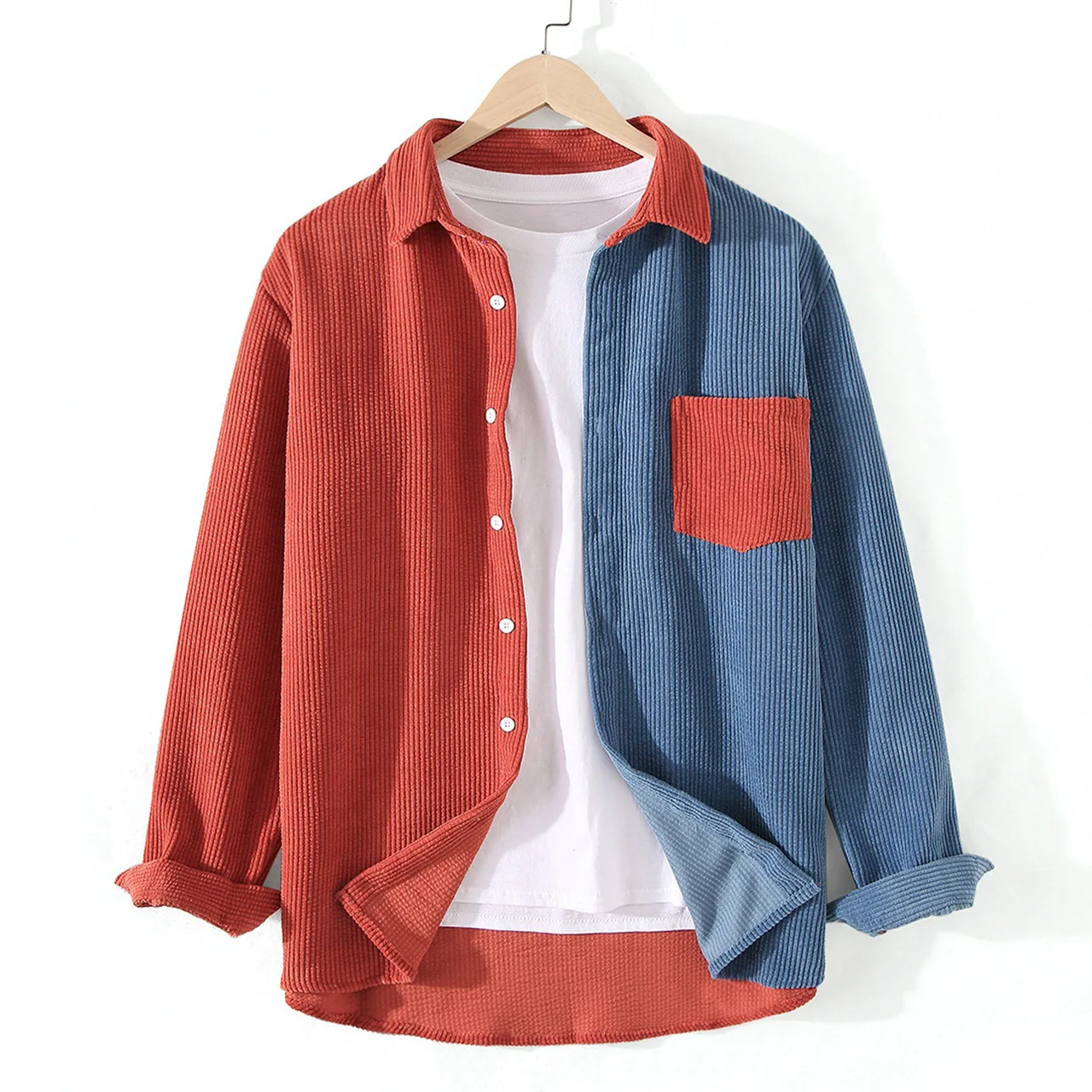 2027 New Men's Corduroy Shirt Long Sleeve Patchwork Color Block Casual Streetwear Male Shirts Harajuku Vintage Spring Autumn Top