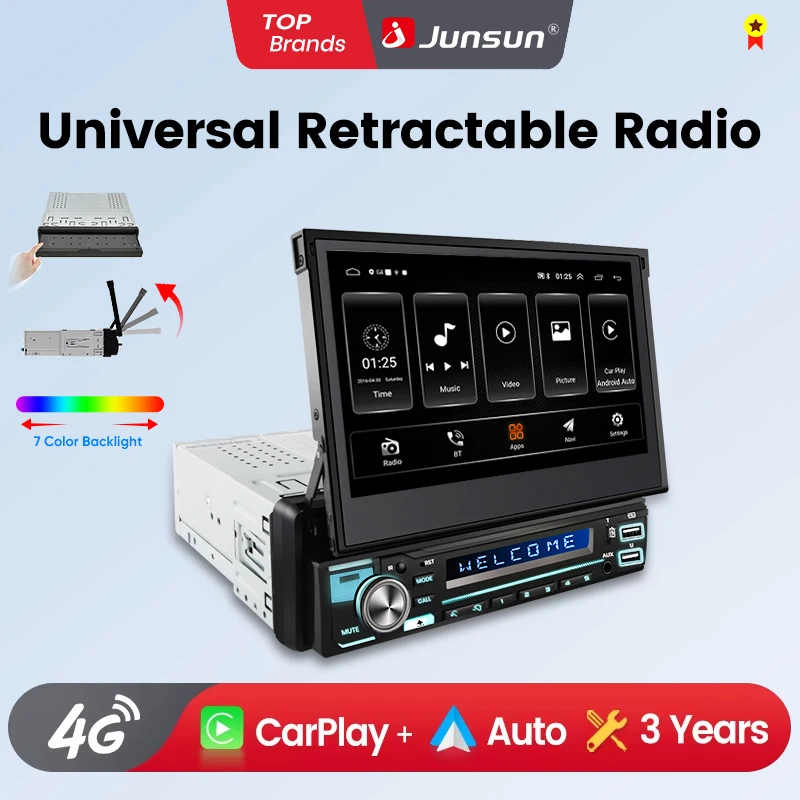 Junsun Carplay Android Auto 7 "Touch Screen Retrattile Radio Universale 1 Din Foldden Lettore Multimediale per Auto MP5 GPS Autoradio