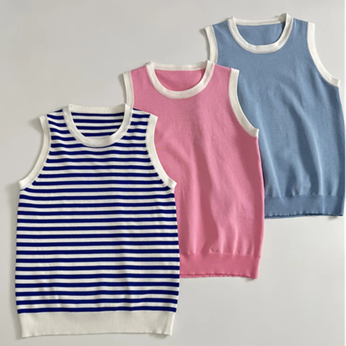 

Jenny&Dave French Lazy Knitted Striped Vest Minimalist Basic Cotton Round Neck Slim Summer T-shirt Women Tank Top