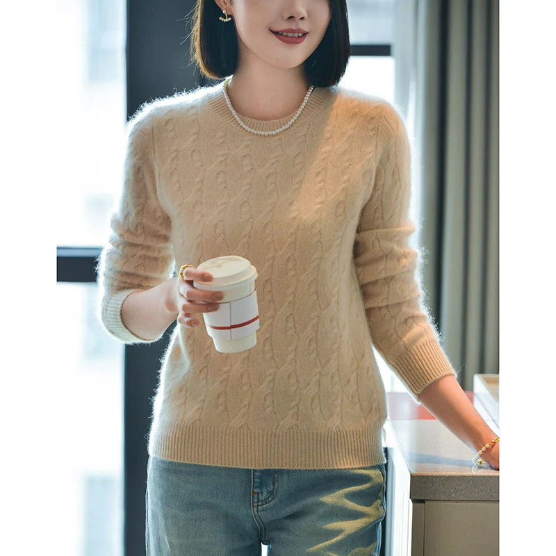 

100% Merino Wool Seamless Cashmere Sweater Women's O-Neck Hoodie Autumn/Winter New Knitted Sexy Hollow Wool Sweater