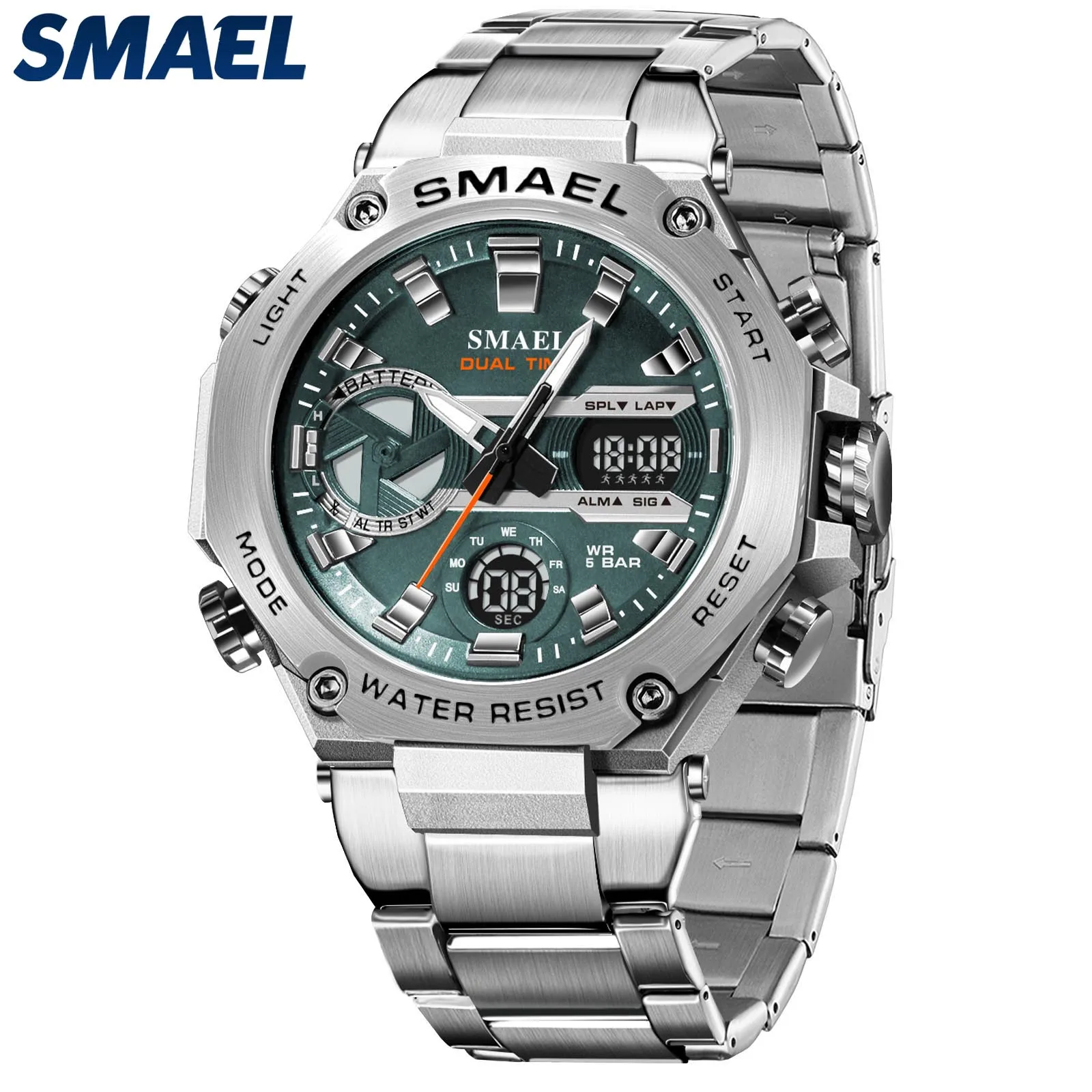 

SMAEL Brand Fashion 8097 Stainless Steel Watch Sport Dual Time Luminous LED Display Quartz Digtal Watch For Men