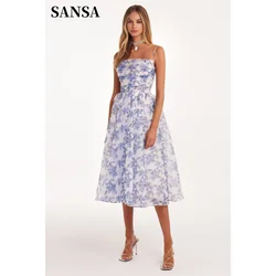 Sansa-Robe trapèze à bretelles spaghetti, bleue, longueur aux genoux, fleurs douces et plantes, robe de soirée, 2024