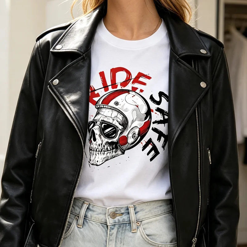 Ride Safe Biker Skull Helmet Motorcycle Vintage Cool T Shirt Graphic Tee Casual Streetwear for Men Women 100% Cotton Unisex Top
