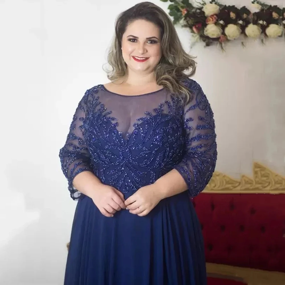 Robe mère de la mariée bleu marine, grande taille, quelle que soit la fente latérale, manches 2024, robes d'invité de mariage, 3/4