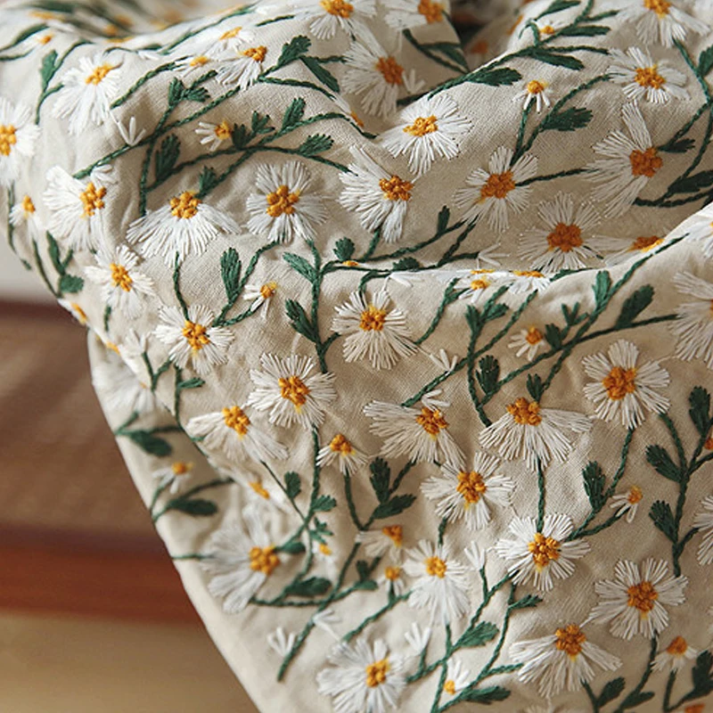 50x135cm Retro Daisy Embroidery Cotton Linen Fabric 3D Flower Fashion Art DIY Bag Clothing Tablecloth Cover Sewing Accessories