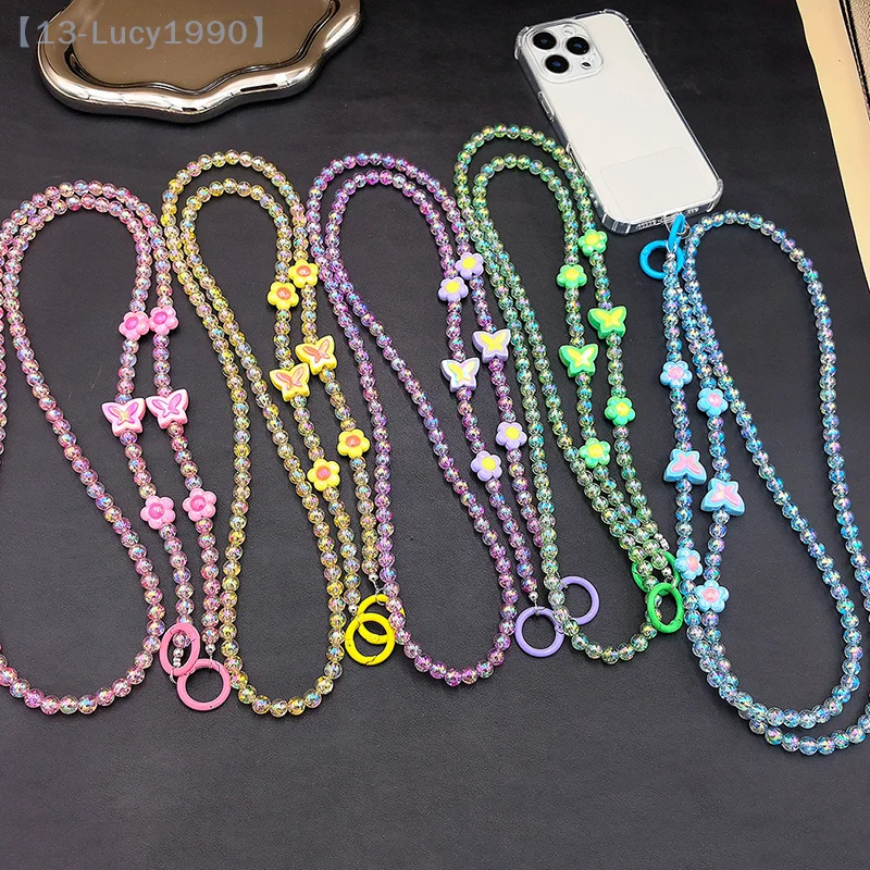 Butterfly Flower Phone Case Diagonal Cross Chain Flower Bead Hanging Chain Mobile Phone Hanging Rope Lanyard Long Strap Rope