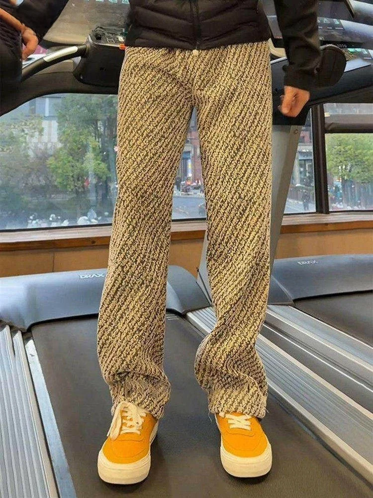 

PSO GTAL Men's Knitted Fce Lined Sports Pants Coffee Color Straight Leg Casual Trousers American Sle Winter Fitn