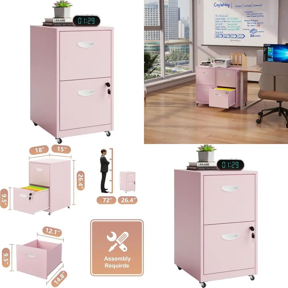 

Portable Pink Two-Drawer File Cabinet with Lock, Letter Size, Under Desk Storage, Assembly Needed