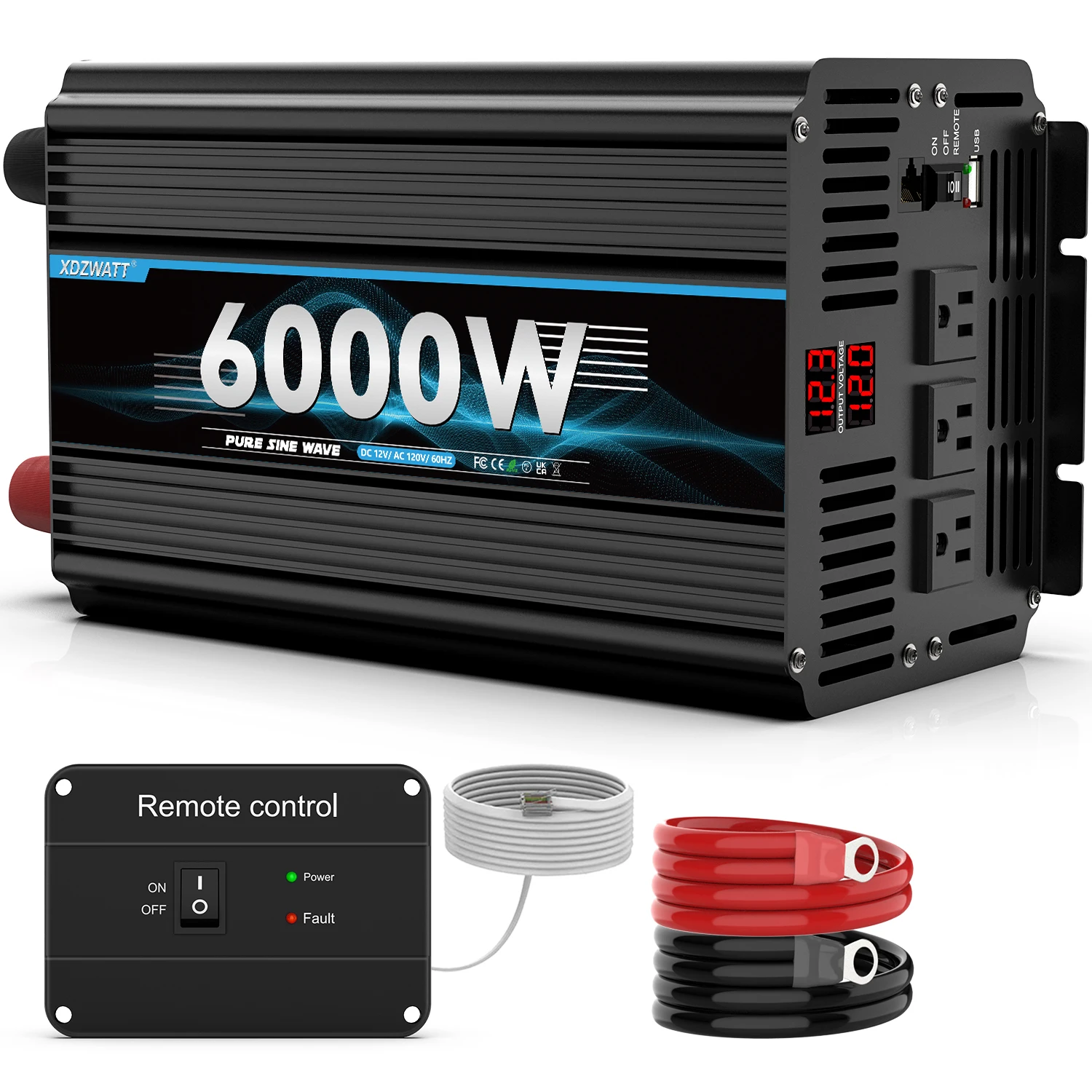 Peak Power 6000W Power Inverter 3000W  DC 12V  to AC 110V 120V with Remote Control,2AC Outlets and 2.4A USB Port LCD Display