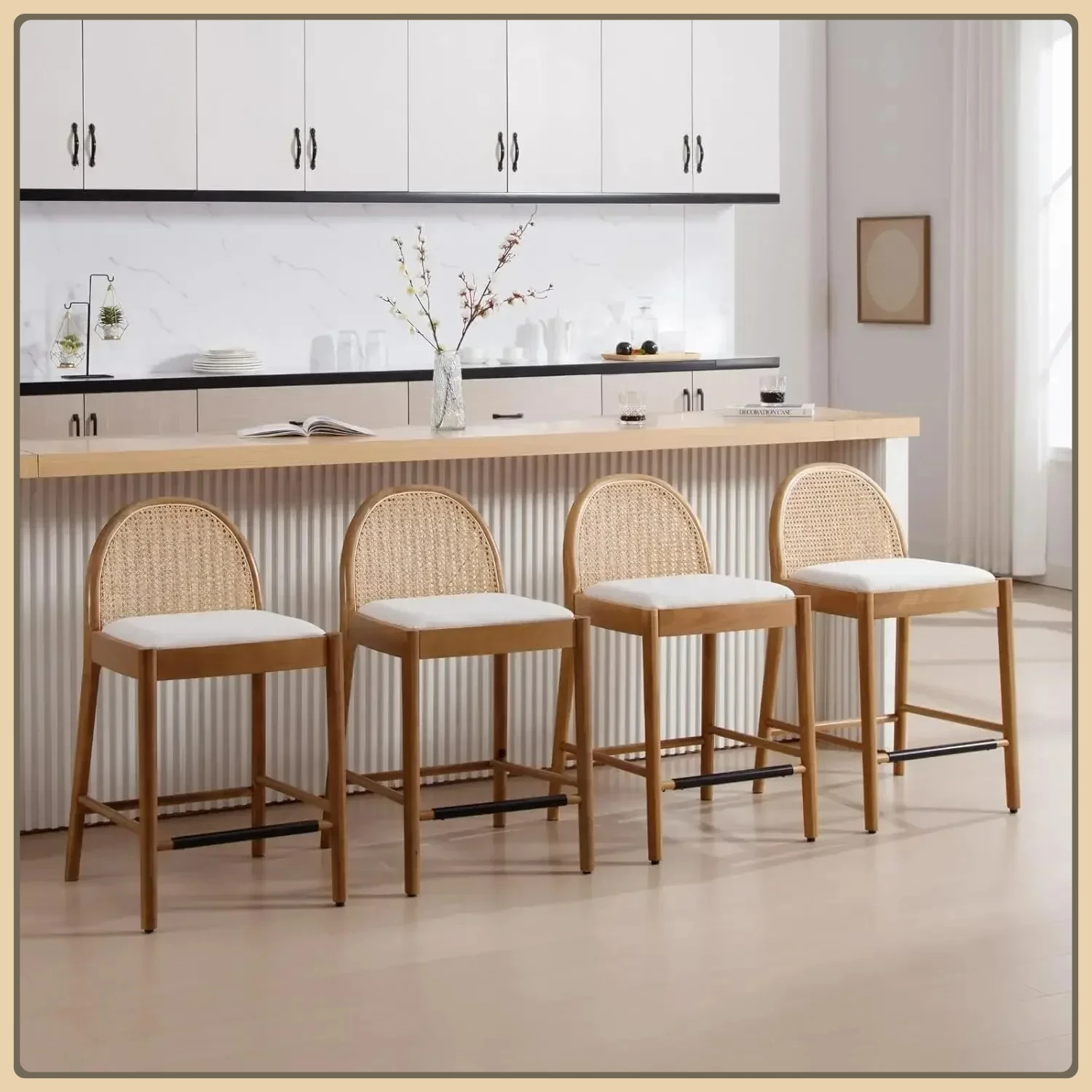Sgabelli da bancone moderni Set di sgabelli da bancone da 4,26 pollici con schienali in rattan, comodi sgabelli in rattan per isola cucina, Beige