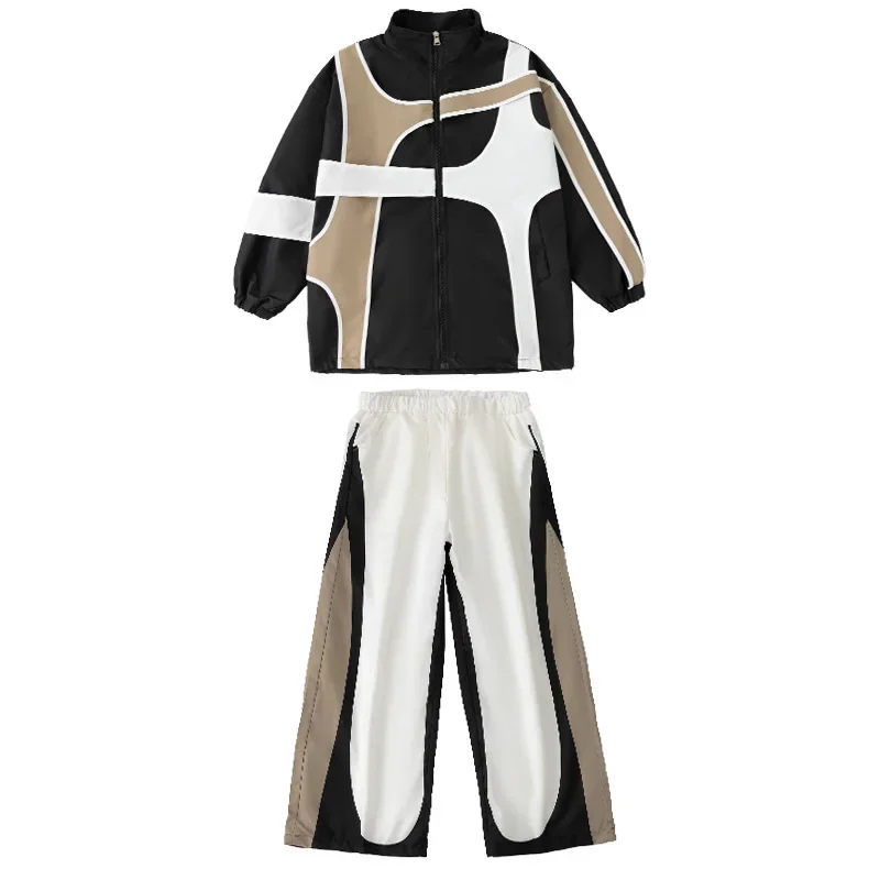 Boys Hip Hop Contrast Loose Coat Cargo Pants Girls Sports Jacket Sweatpants Kids Jazz Clothes Sets Children Streetwear Tracksuit